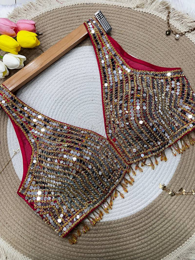 Red mirror work cotton sleeveless blouse