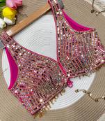 Pink mirror work cotton sleeveless blouse