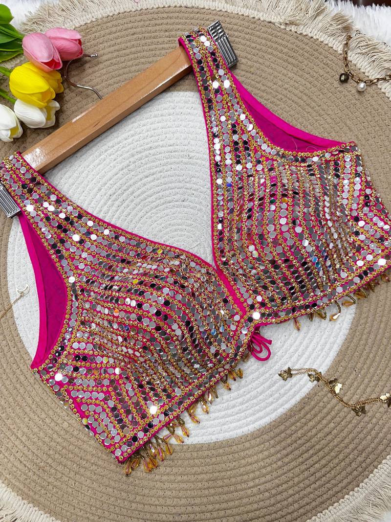 Pink mirror work cotton sleeveless blouse