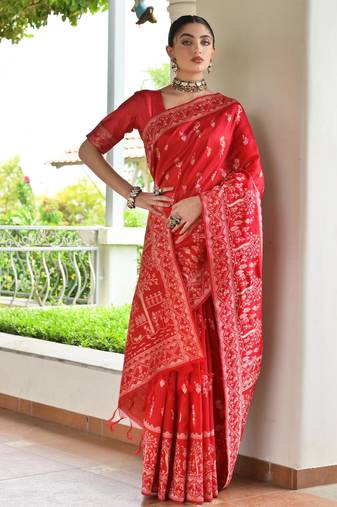 Women red Art silk handloom saree