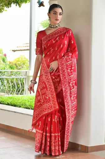 Women red Art silk handloom saree