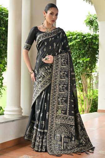 Women black Art silk handloom saree