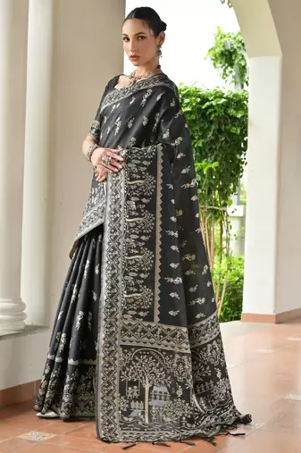 Women black Art silk handloom saree