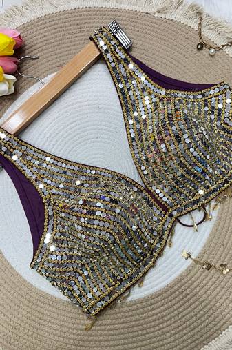 Purple mirror work cotton sleeveless blouse