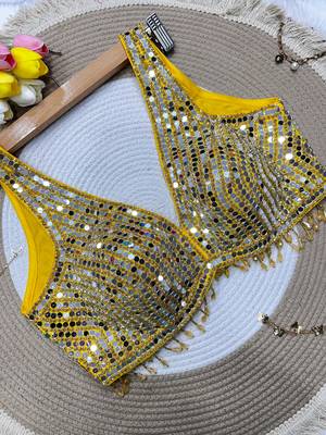 Yellow mirror work cotton sleeveless blouse 1