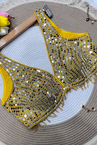 Yellow mirror work cotton sleeveless blouse