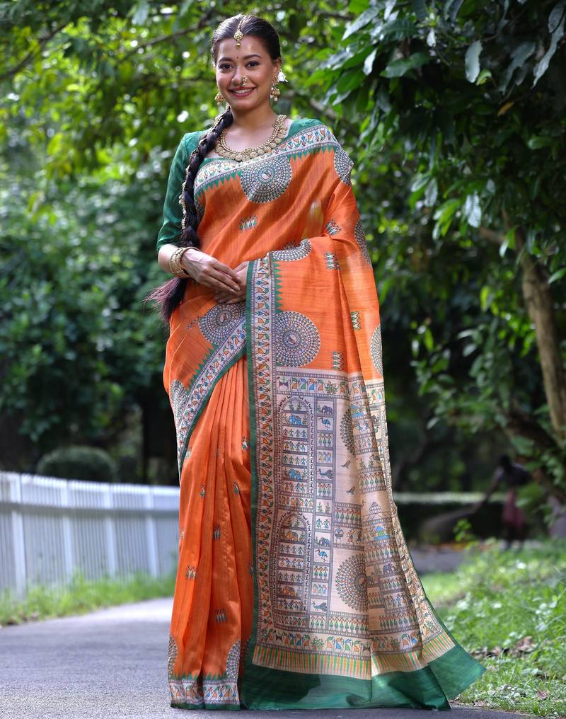 Women orange Art silk handloom saree