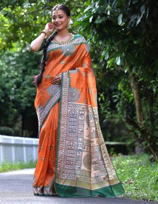 Women orange Art silk handloom saree 2