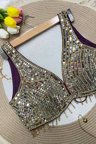 Plum mirror work cotton sleeveless blouse
