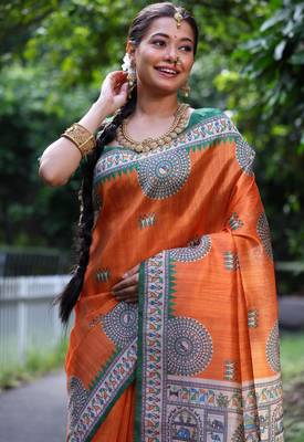 Women orange Art silk handloom saree 3