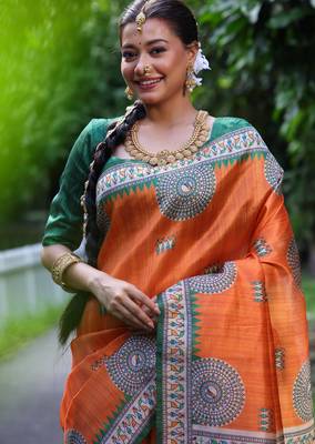 Women orange Art silk handloom saree 4