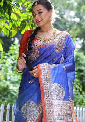 Women blue Art silk handloom saree 3