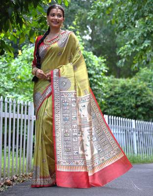 Women yellow Art silk handloom saree 1