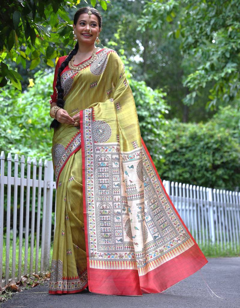 Women yellow Art silk handloom saree