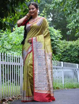 Women yellow Art silk handloom saree 2