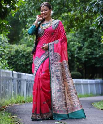 Women pink Art silk handloom saree 2