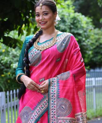 Women pink Art silk handloom saree 3