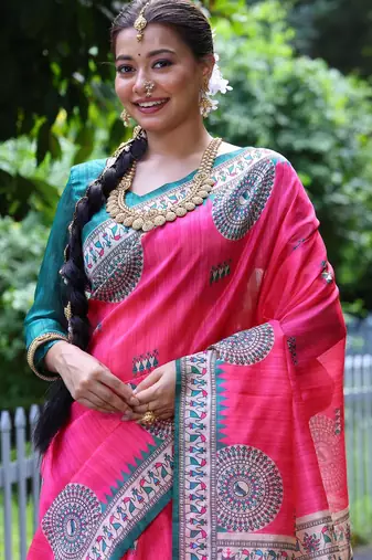 Women pink Art silk handloom saree