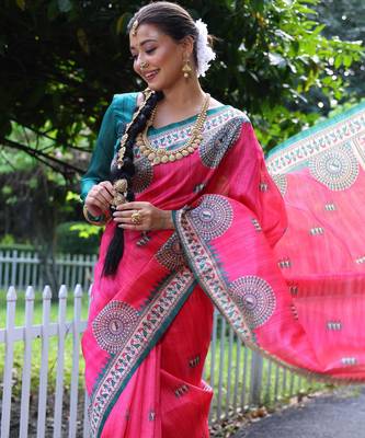 Women pink Art silk handloom saree 4