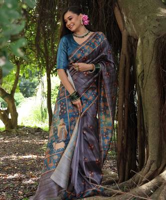 Women grey Art silk handloom saree 4
