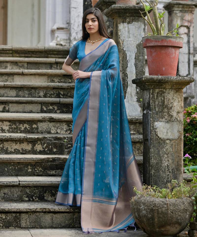Women blue Art silk handloom saree