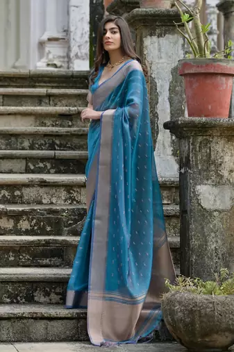 Women blue Art silk handloom saree