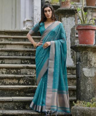 Women skyblue Art silk handloom saree 2