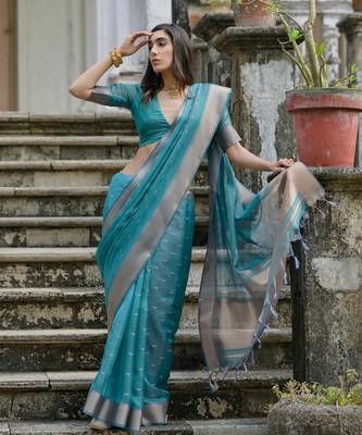 Women skyblue Art silk handloom saree 4