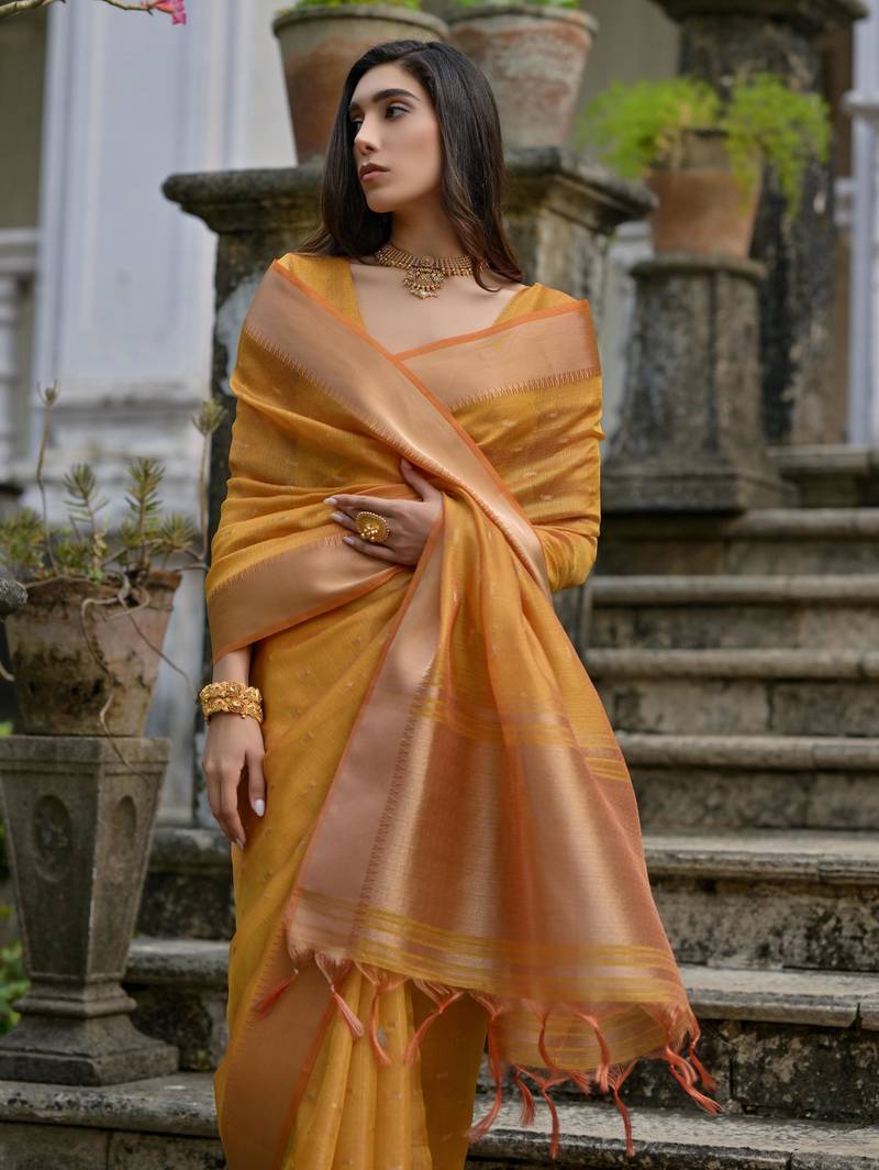 Women mustarad Art silk handloom saree