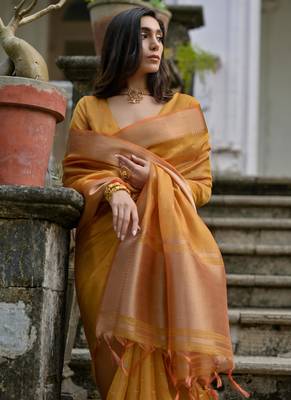 Women mustarad Art silk handloom saree 4