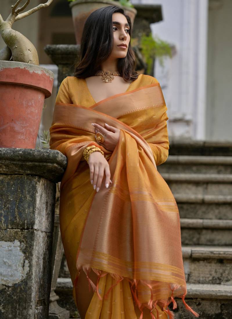 Women mustarad Art silk handloom saree