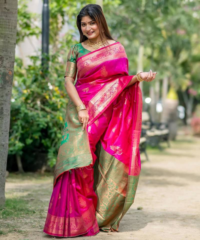 Women pink Art silk handloom saree