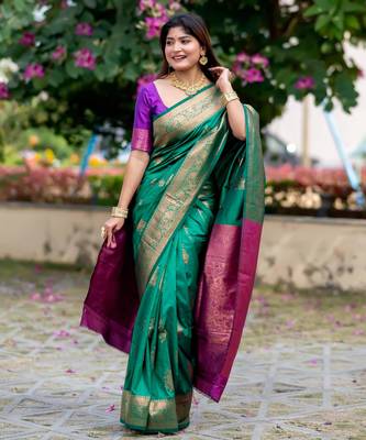 Women green Art silk handloom saree 1