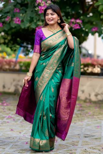 Women green Art silk handloom saree