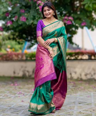 Women green Art silk handloom saree 2