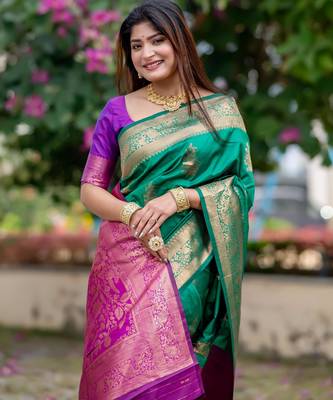 Women green Art silk handloom saree 4
