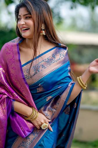 Women blue Art silk handloom saree