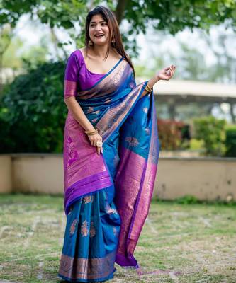 Women blue Art silk handloom saree 3