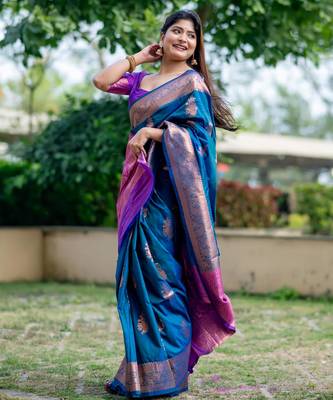 Women blue Art silk handloom saree 4