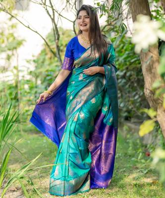 Women rama green Art silk handloom saree 1
