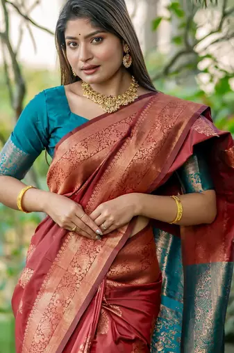 Women maroon Art silk handloom saree