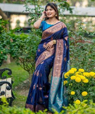 Women blue Art silk handloom saree 3