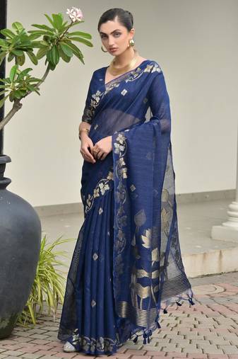 Women blue linen silk blend handloom saree