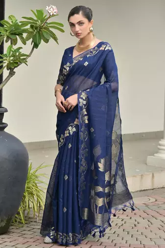 Women blue linen silk blend handloom saree