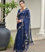 Women blue linen silk blend handloom saree