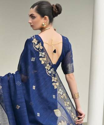 Women blue linen silk blend handloom saree 3