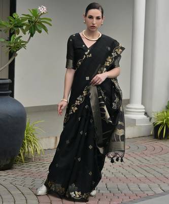 Women black linen silk blend handloom saree 1