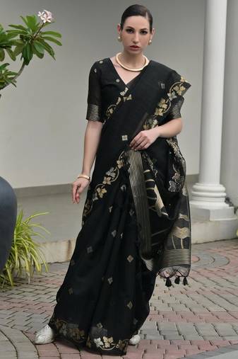Women black linen silk blend handloom saree