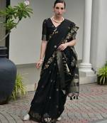 Women black linen silk blend handloom saree