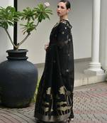 Women green linen silk blend handloom saree